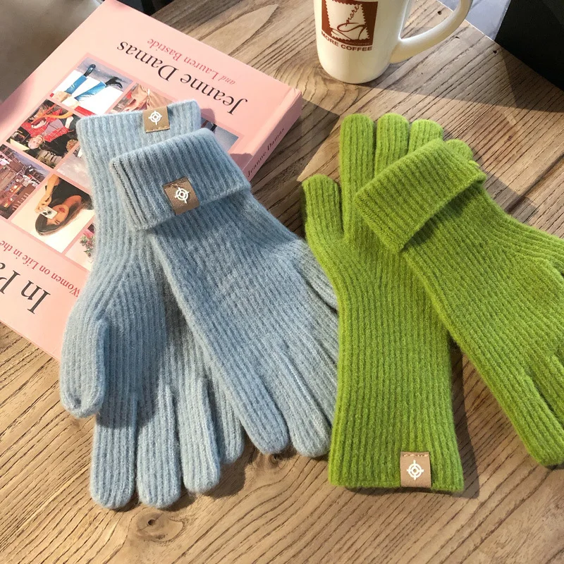 1 pair  Pure  Wool Knitted Labeling Gloves Finger Exposed Touch Screen Cold-Proof  Style Xiaohongshu Grass Autumn Winter