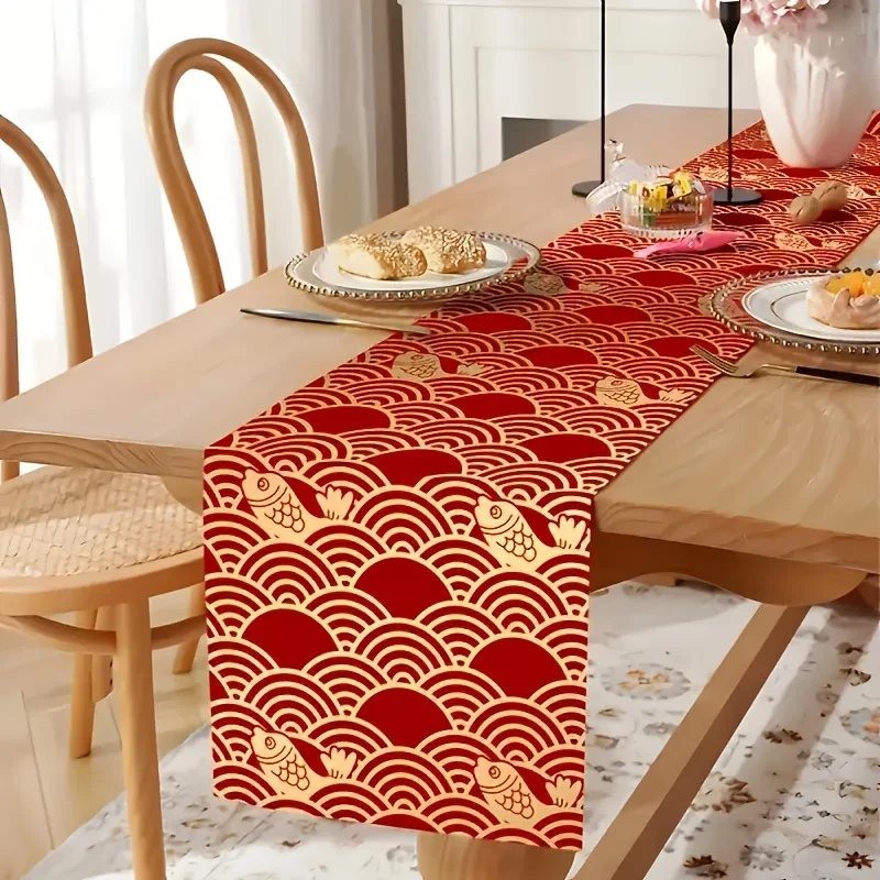 Chinese New Year Red Print Linen Table Runner Party Decor Lunar Year of The Horse Spring Festival Table Runners New Year Decor
