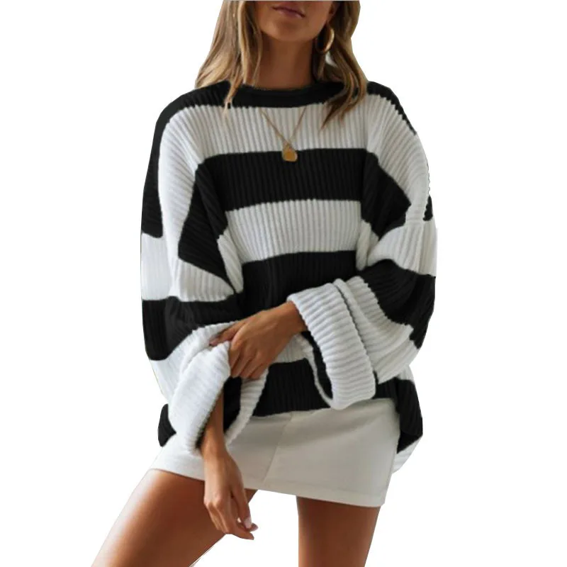 Loose Autumn Winter Striped Sweater Women Pullover O-Neck Womens Sweater Casual High Quality Color Block Sweater Jumper Y2K Tops