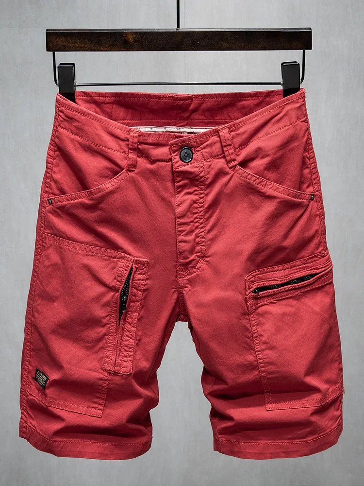 Calções masculinos casuais de algodão, calças curtas de basquete para praia, vermelho, bolsos múltiplos, verão