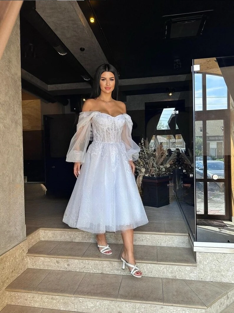 Tea Length Elopement Dresses Corset Rehearsal Dinner Wedding Dresses Sleeve Lace Bridal Simple Wedding Dress White Bridal Dress