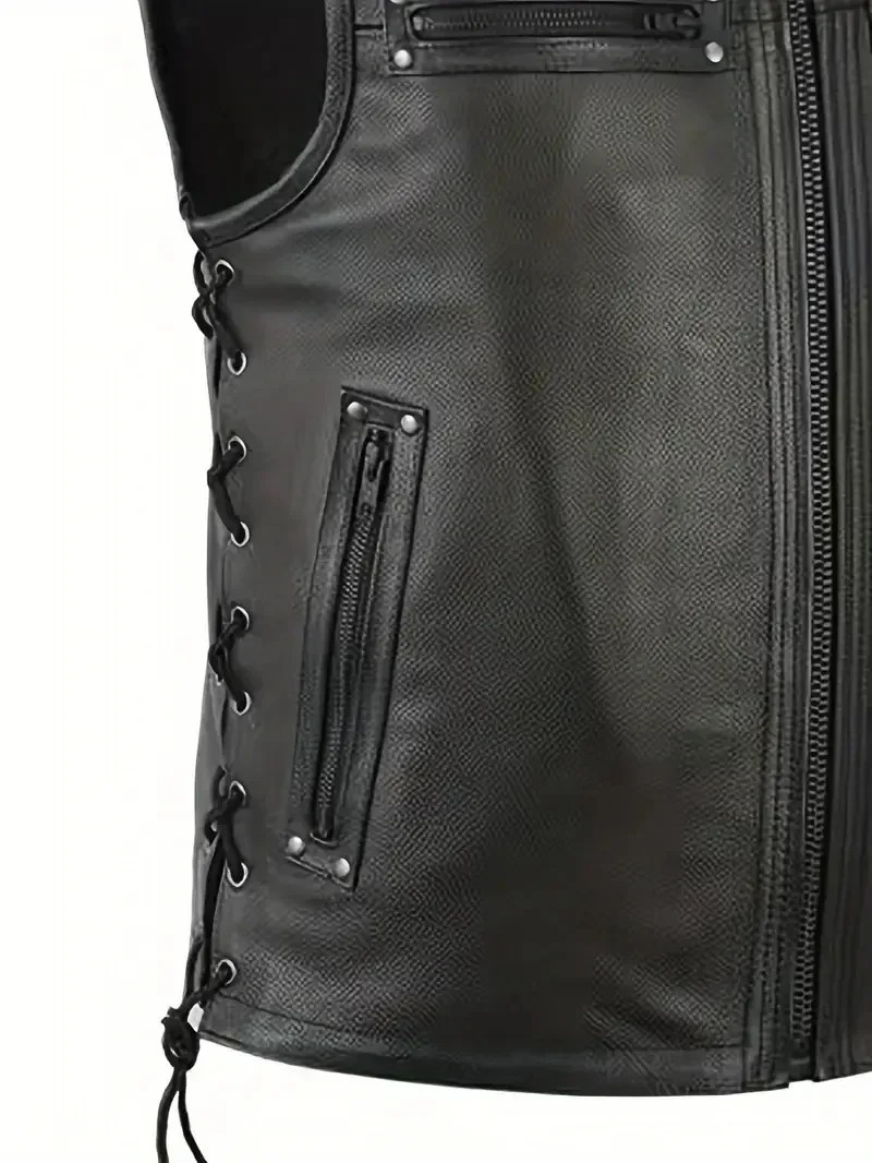 Herren-Motorradweste aus Kunstleder in Schwarz, ärmellose Punk-Biker-Weste mit Reißverschluss, seitlich geschnürte Oberbekleidung für den täglichen Gebrauch im Herbst. – Detail 6