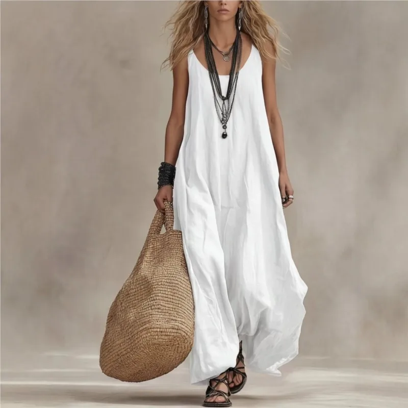 

Summer Simple Style Solid Color Women's Long Dress Fashion Round Neck Sleeveless Comfort Dresses Ladies Loose A-line Vestidos