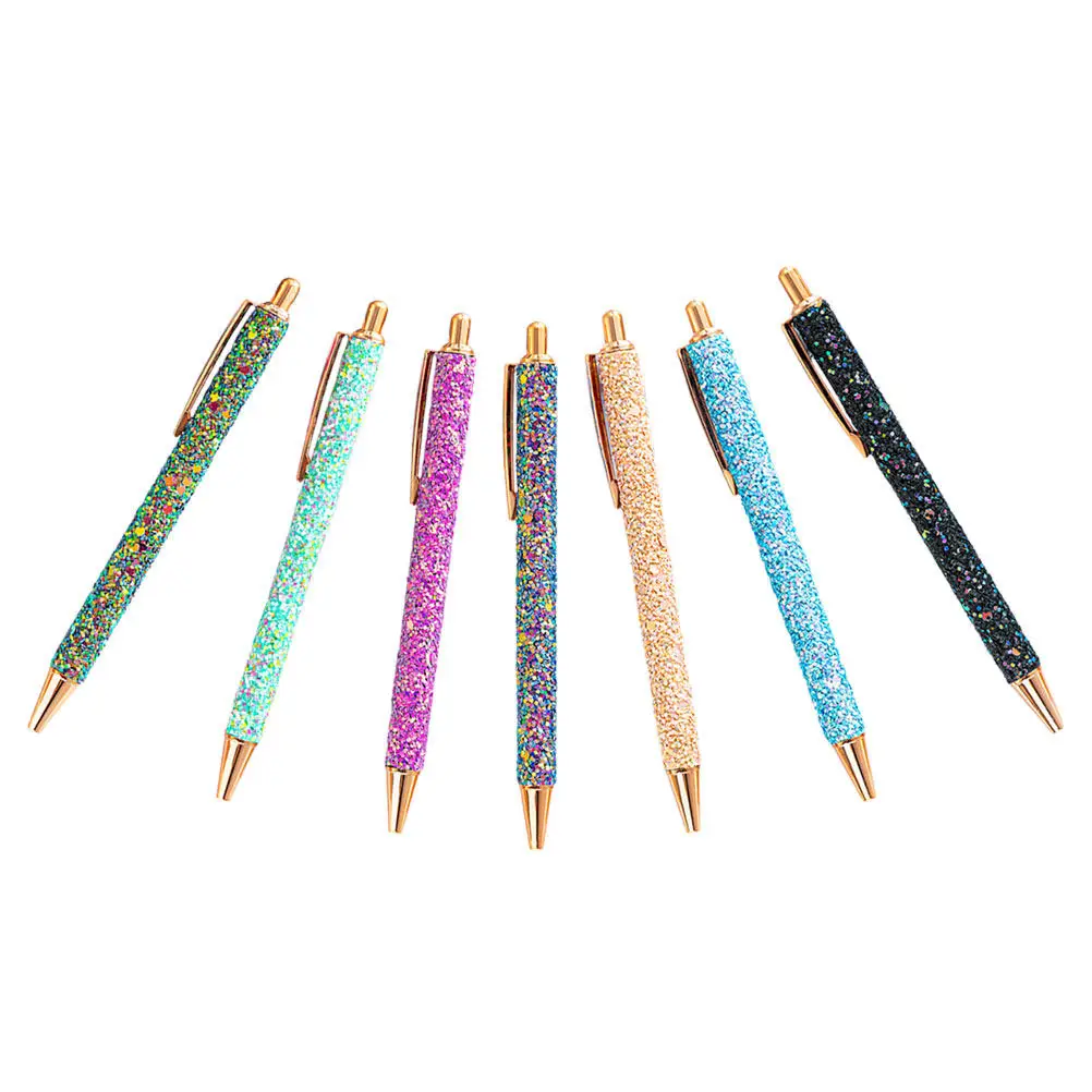 7Pcs Metal Glitter Push Button Ballpoint Pens Smooth Writing School Office Essential Colorful Portable Ergonomic Multi-Function