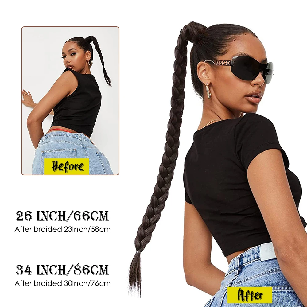 Thick Braided Ponytail Extension Long Black Rubber Band Hairpiece Pony Tail With Hair Tie Synthetic Ponytails For Black Woman