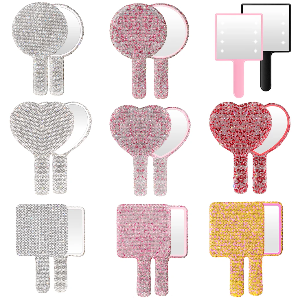 Led Smart Pearl Diamond Handle Makeup Mirror Cosmetic Beauty Tools Pink Silver Black Heart Glitter Mirror Cat Handheld Mirrors