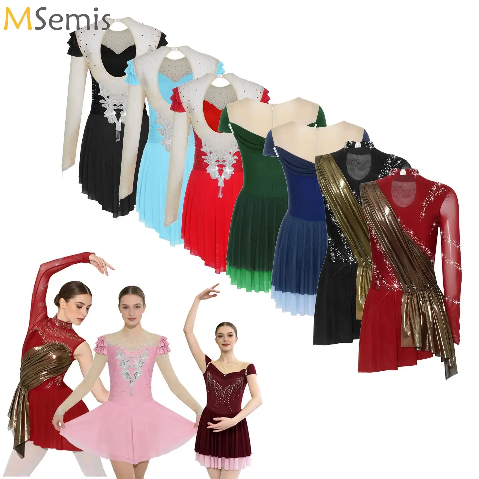

Womens Figure Skating Bodysuit Dress Sequins Applique Rhinestone Mesh Long Sleeve Irregular Dress for Gymnastics Ballet Stage