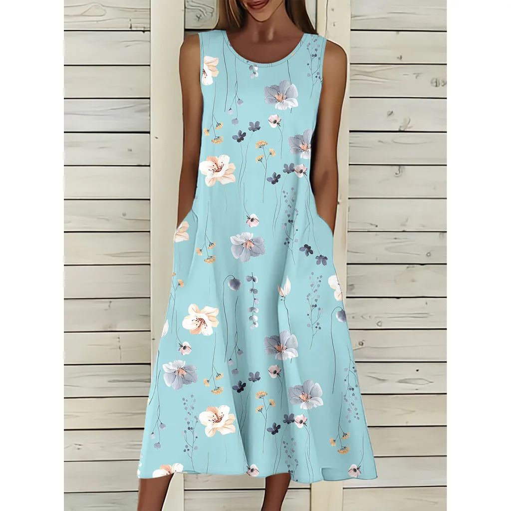2025 Donna PLUS TAGLIA Estate Senza maniche Stampa Abito casual per le vacanze Abbigliamento donna Abiti Femininos Frete Grátis