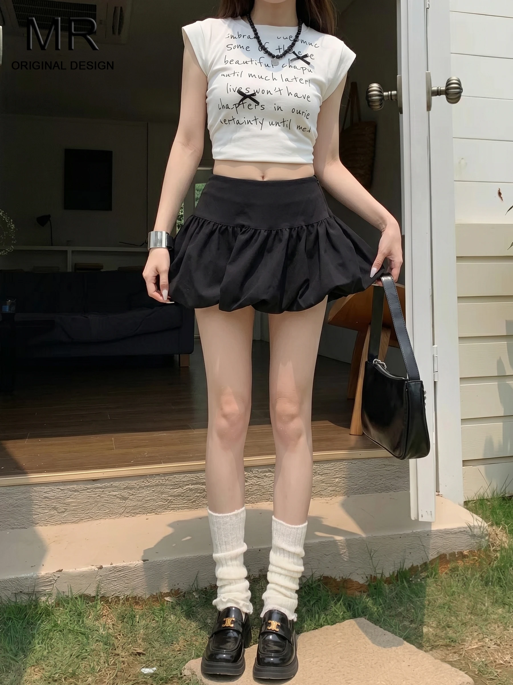 High Waist A-Line Pleated Flower Bud  Skirt Women's Summer Ballet Style Casual High Waist Flared Skirt Black Design Sense