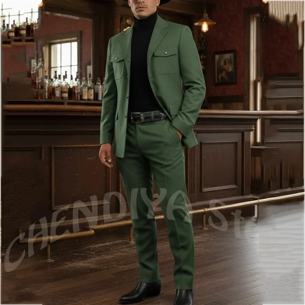 

Army Green Formal Suit For Wedding Party Event Slim Fit Notch Lapel Multiple Pockets Jacket Pants Front Flat Luxury Men Suit
