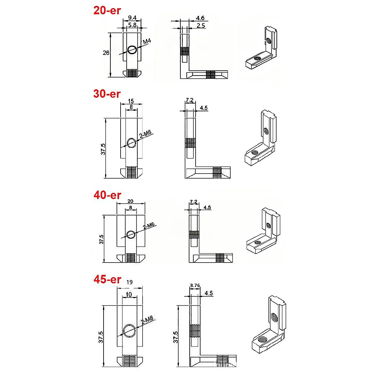 4PCS 2020 3030 4040 4545 Aluminum Profile Brackets L Type T Slot 90 Degree Corner Connector Fastener EU Standard