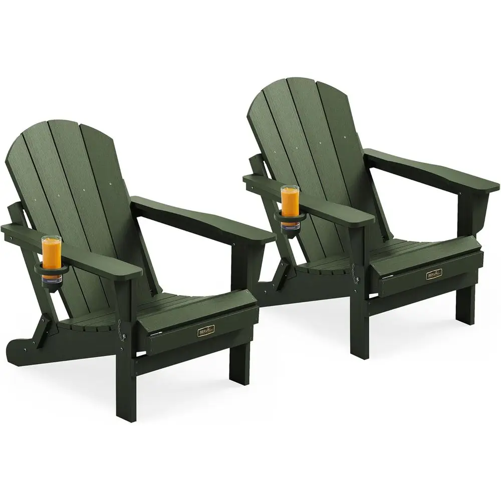 

oldable Adirondack Chair with Cup Holder Set o 2 or Patio Garden Outdoire Pit Chairs-Avocadogreen