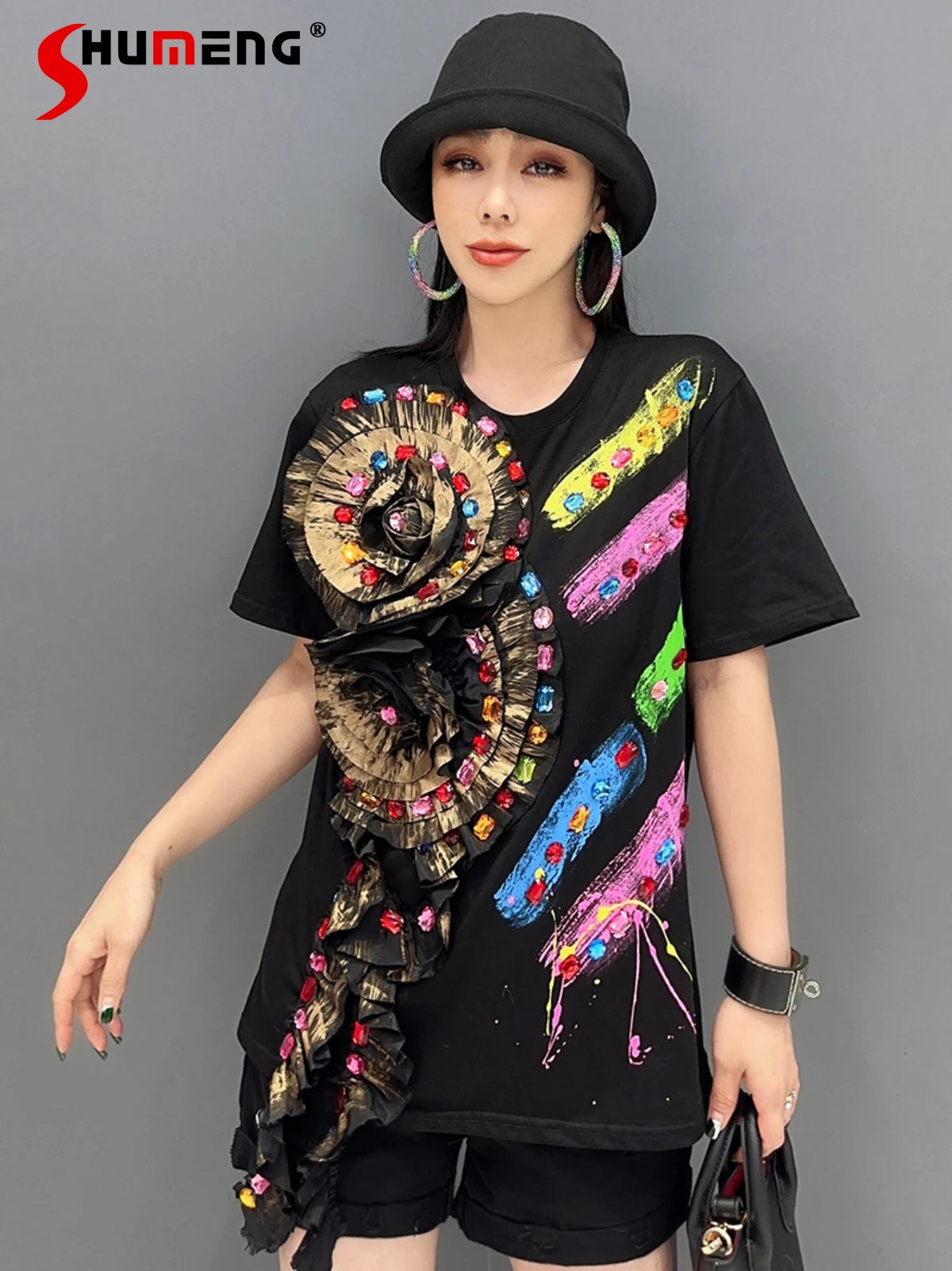 

Summer 2024 Women's New T-shirt Three-Dimensional Flower Ribbon Diamond-Embedded Short Sleeve Tops Casual Gorgeous Loose T-shirt