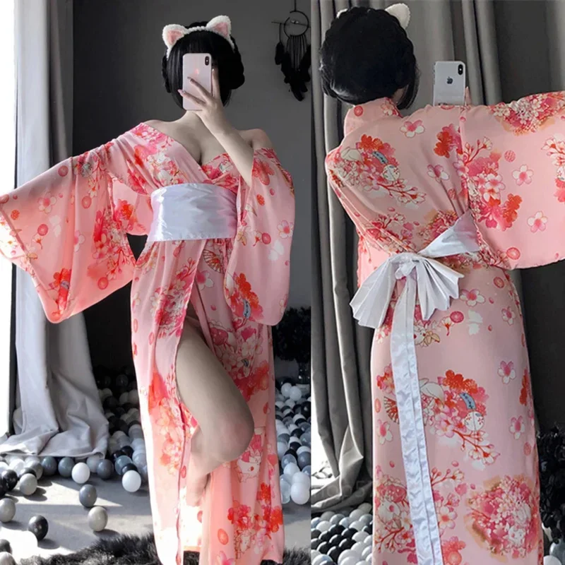 

Sexy Geisha Kimono for Women Japanese Fashion Loose Silk Yukata Dress Bandage Vintage Elegant Chiffon Sakura Bathrobes Cardiga Y
