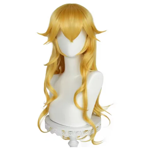 Parrucca cosplay anime sintetica da 28 pollici lunga soffice ondulata giallo dorato con frangia per le donne Costume da principessa femminile per feste di Halloween