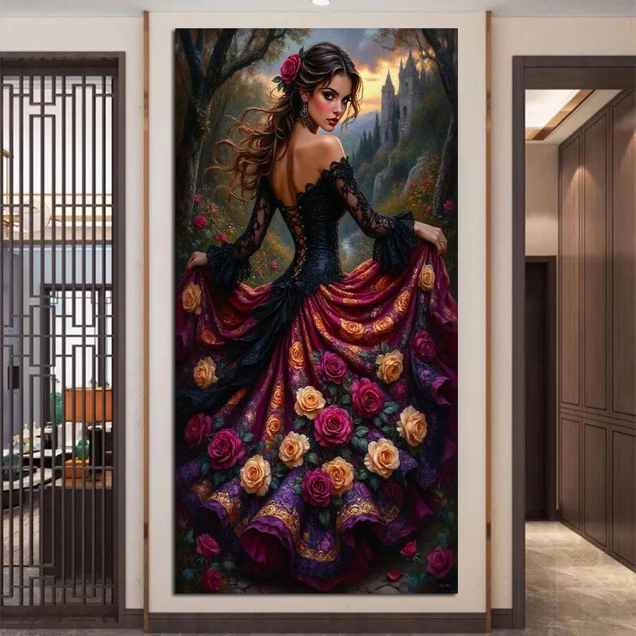 

Sexy Women's Dress with Colorful Roses Picture Large Size Diy Diamond Painting Full Square Round Drill Mosaic Embroidery Kits