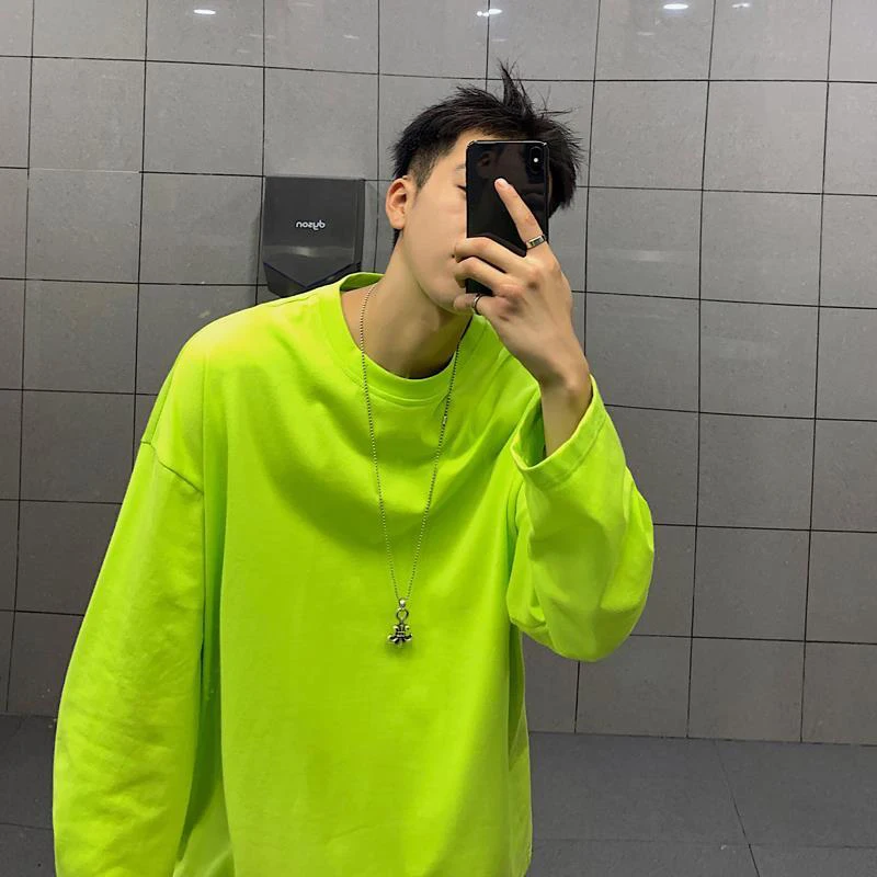 Fall Korean Solid Color O Neck Long Sleeve Men T Shirts Cotton Fashion Trend Casual Harajuku Oversized Couples Clothing Tops Tee