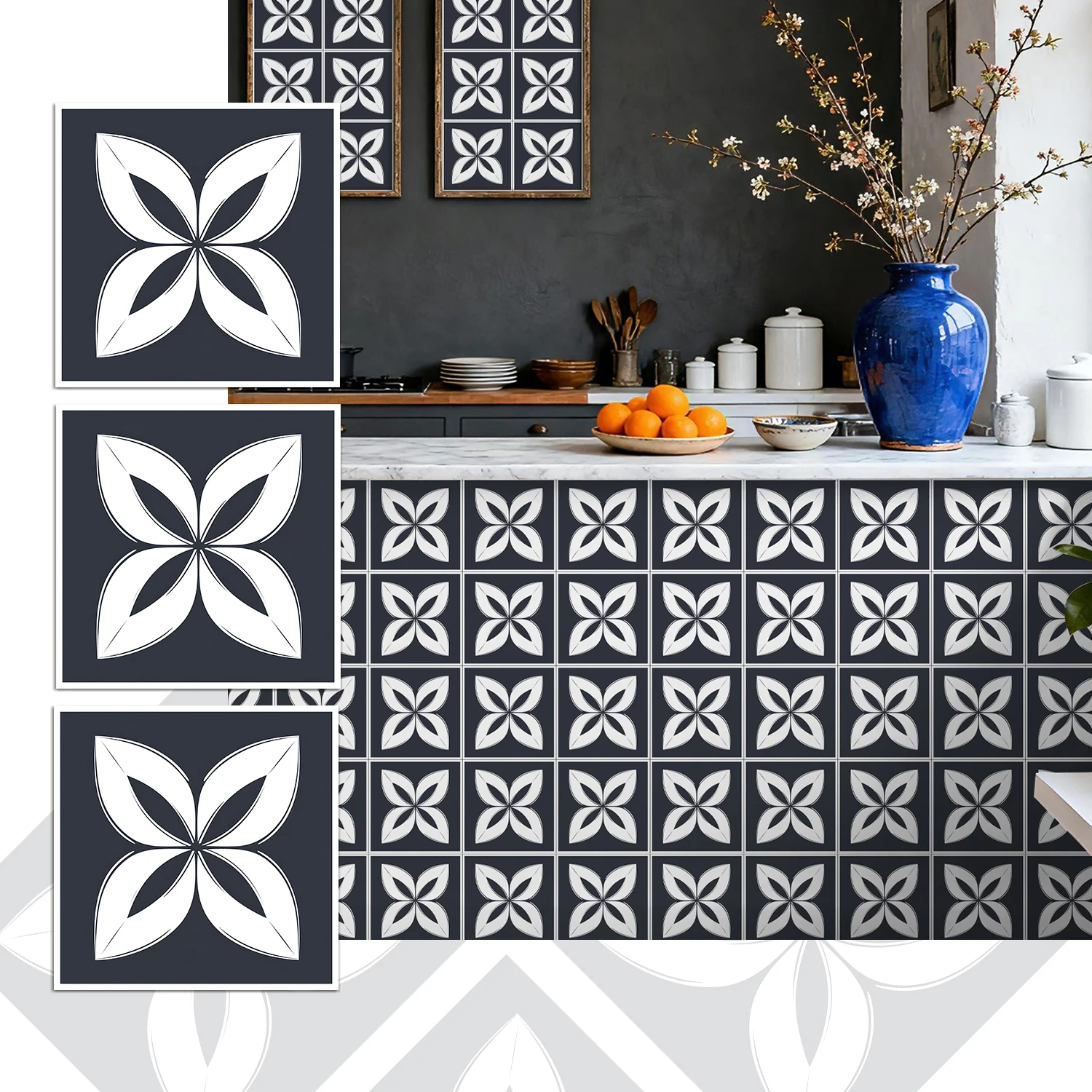 

36Pcs Vintage Floral Tile Stickers, Self-Adhesive Peel and Stick Wall Decals, Waterproof for Kitchen Bathroom Home Decor