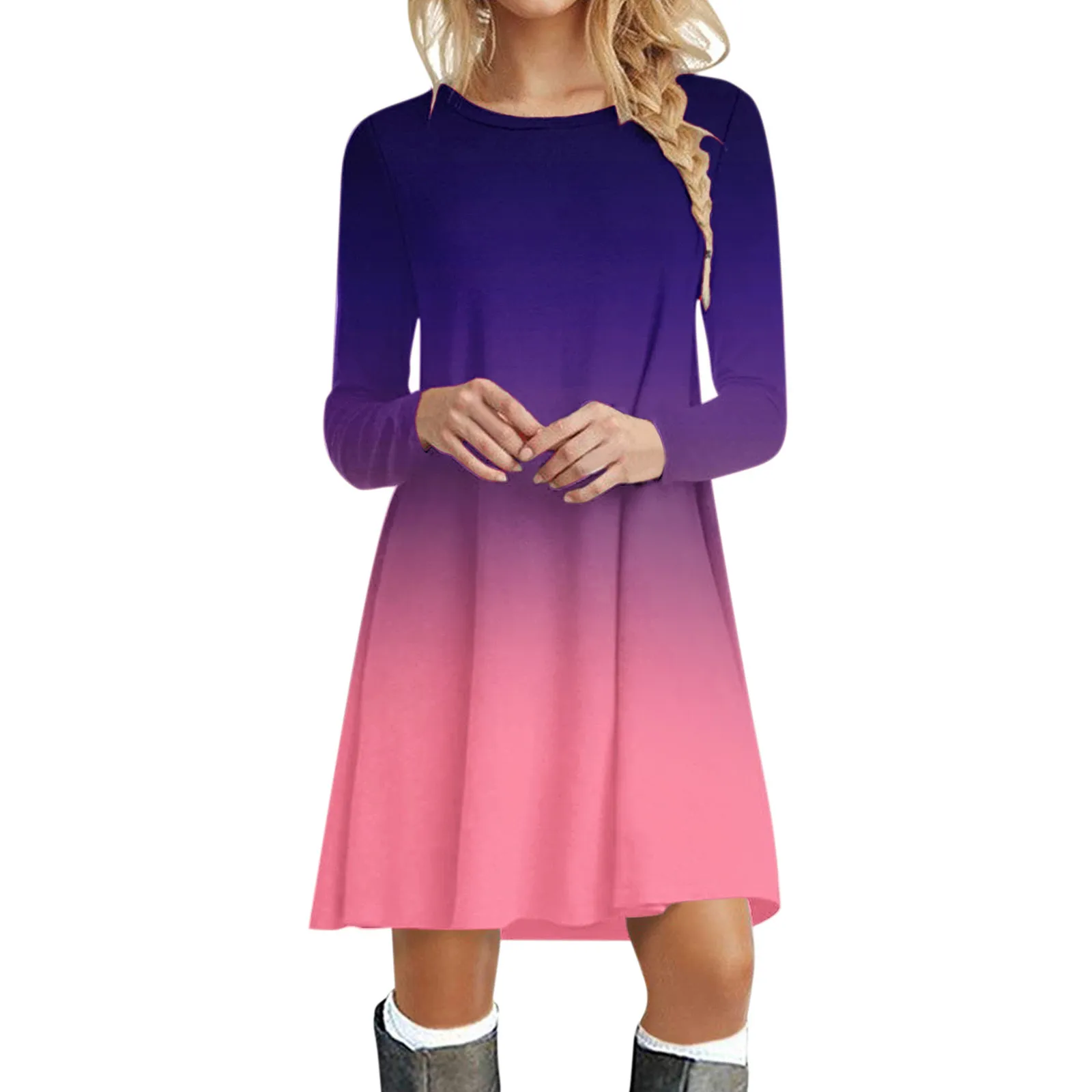 

Elegant Fashion Gradient Print Women Dress Long Sleeve O-Neck Loose Clothing Casual Mini Dress Oversized Vestidos