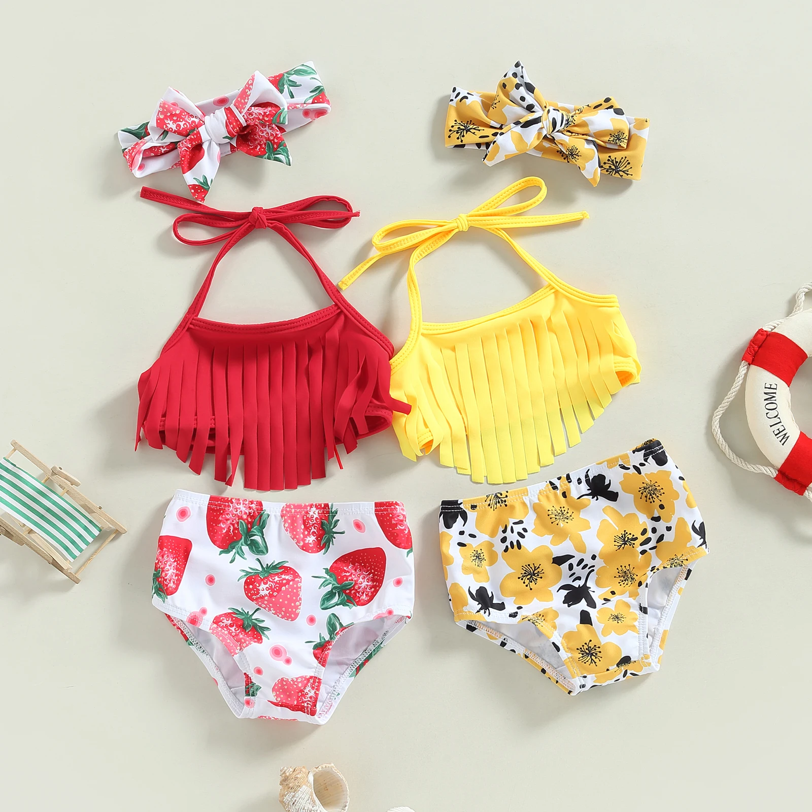 Toddler Girls 3 Piece Swimsuits Solid Color Tassel Tops Strawberry/Flower Print Shorts Headband Split Bathing Suit Swimwear Set