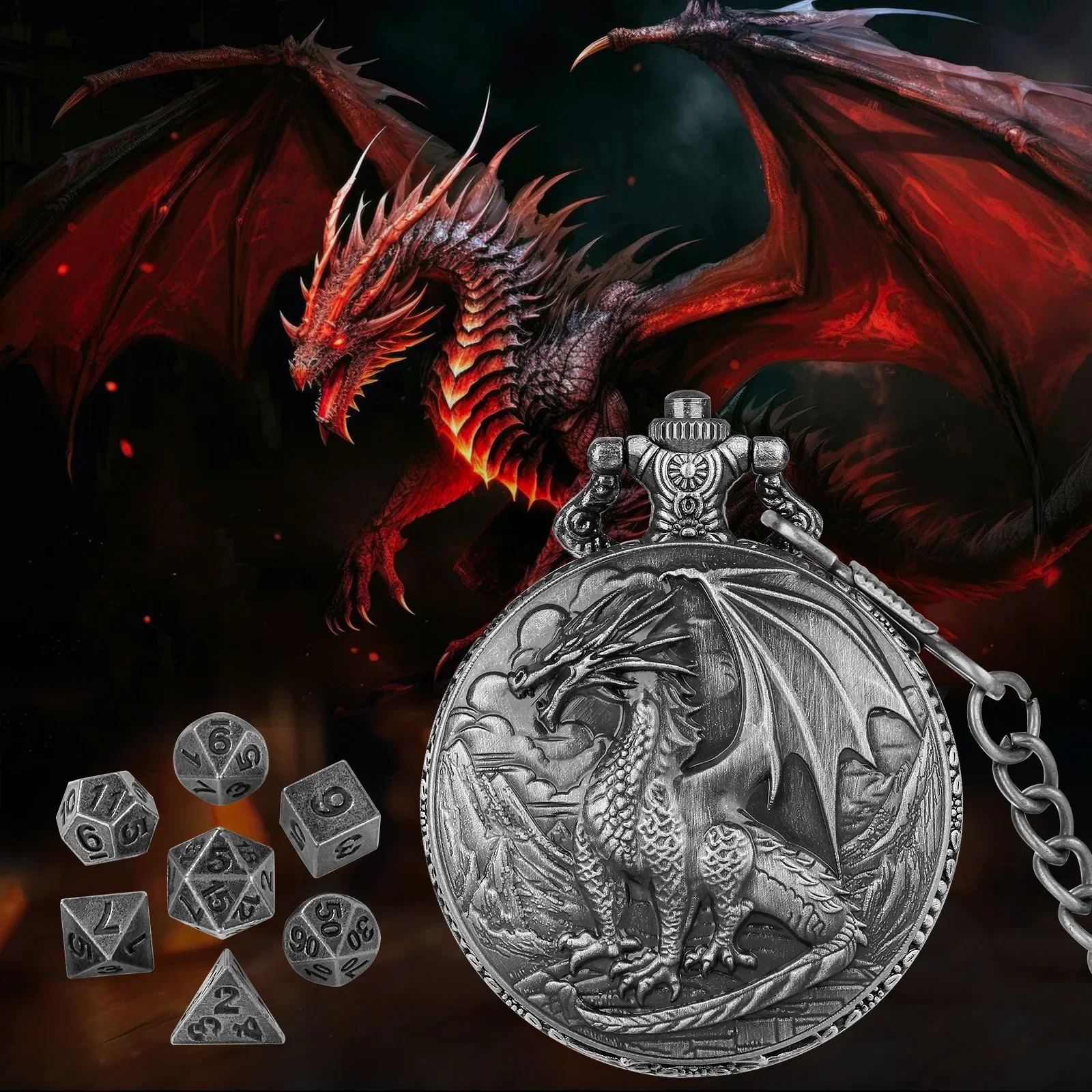 Pocket Watch Box DND Dice Jewelry Pocket Watch Dice Case Retro Relief Western Dragon Pocket Watch Box Dice for role playing game