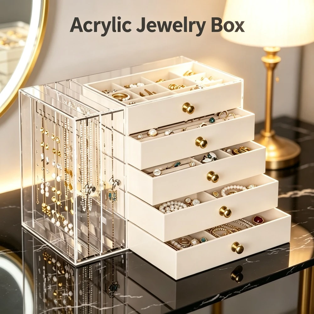 7 Layer Flannel Jewelry Box Transparent Drawer Organizer Earring Necklace Ring Storage Case Portable Gift Box for Women
