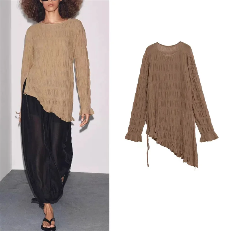 

Casual Ruffle Knitwear Woman O Neck Long Sleeve Pullover Women Middle Long Top Fashion Streetwear High Street Wear