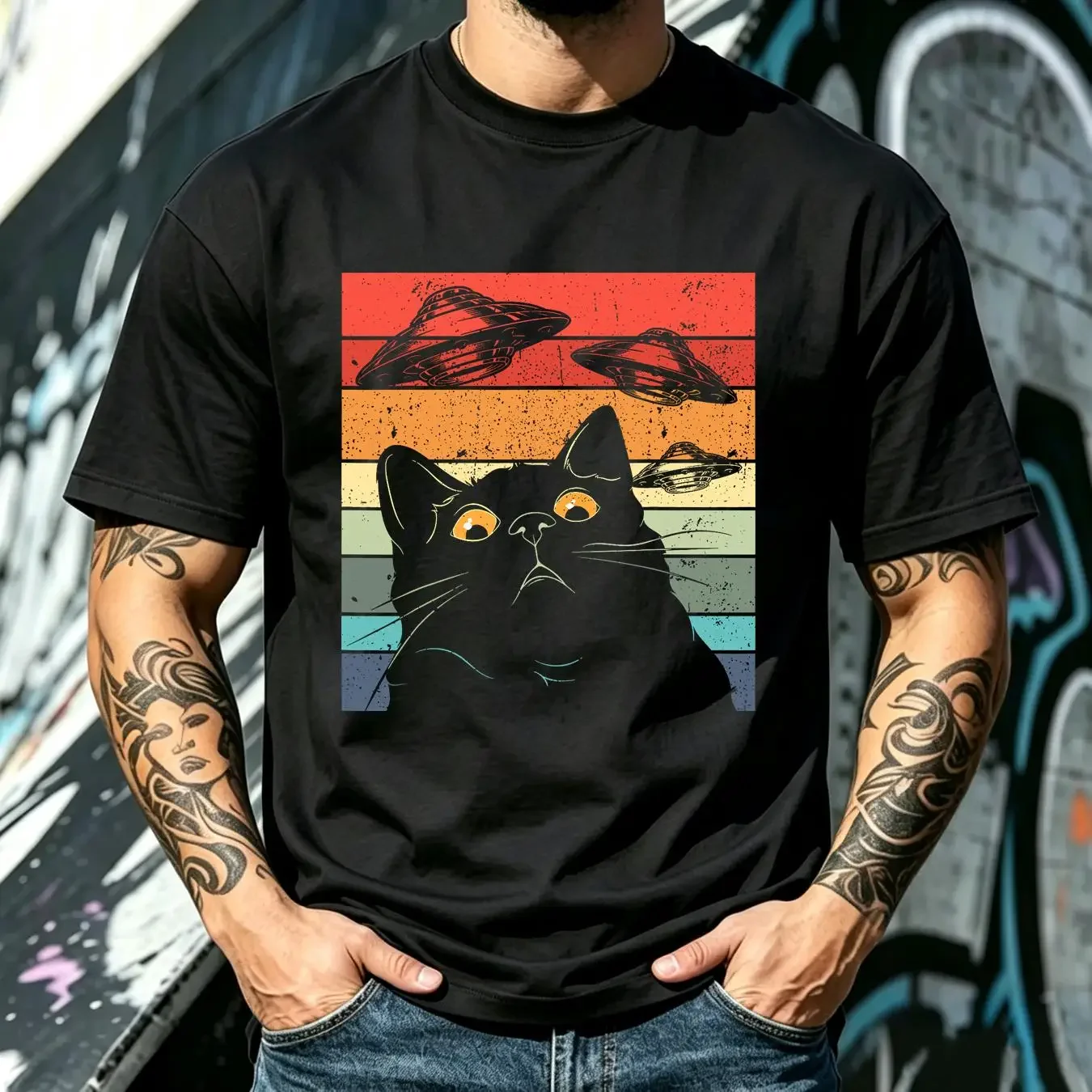 washed T Shirt Funny Cat Galaxy Spaceship Alien UFO Size S 5XL vintage Washed Breathable homme Soft Casual Slightly Stylish