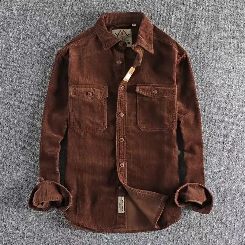 2025 Autumn/Winter New European and American Retro Corduroy Men's Long Sleeve Shirt Simple, Loose, Versatile, Thick Style
