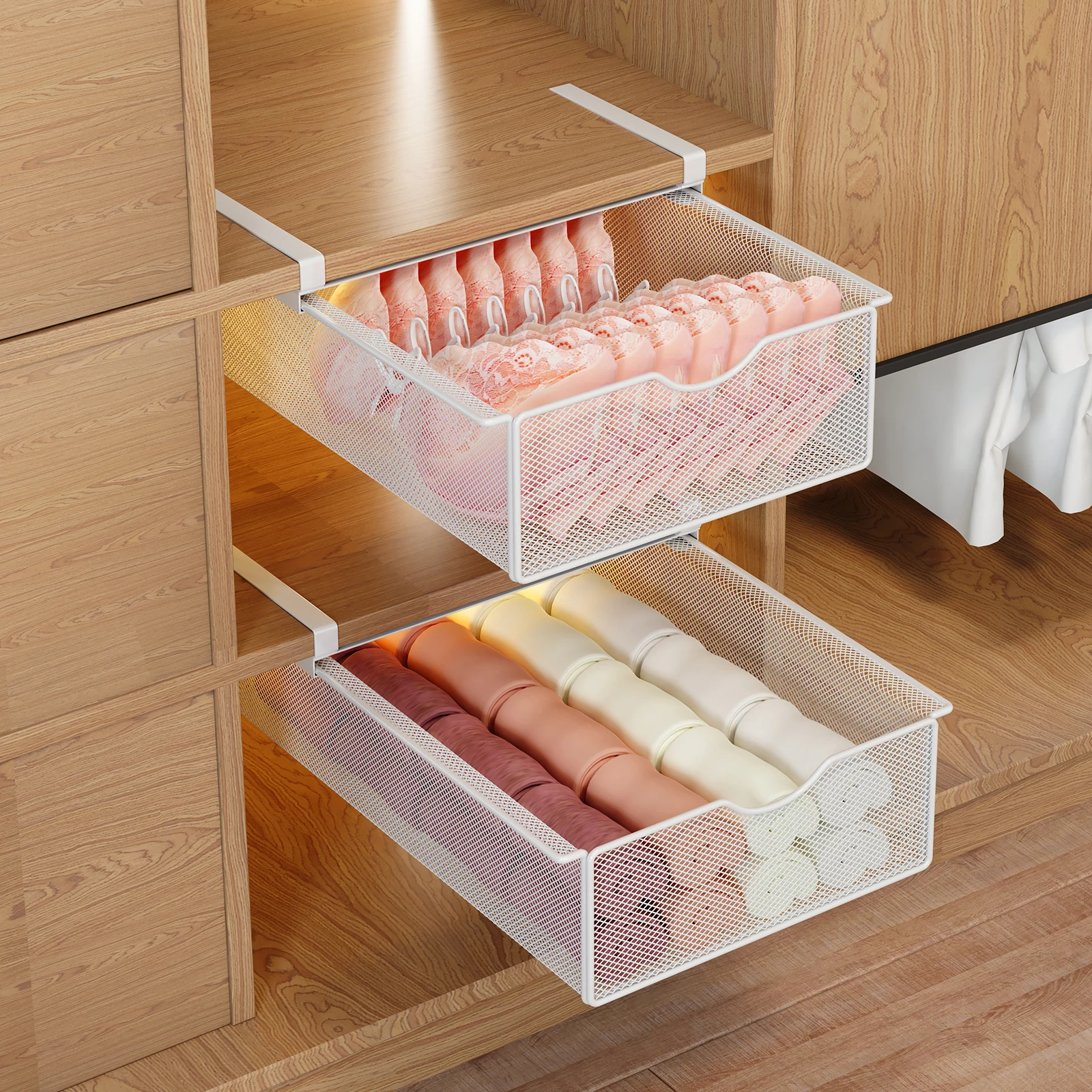 

2-Pack Wardrobe Underwear Storage Pull-Out Box Set, No-Drill Hanging Rack, Drawer-Style Storage for Underwear, Socks, and Ties