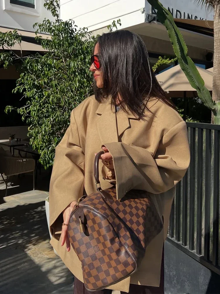 Casual Solid Women Blazer Coat Fashion Lapel Long Sleeve One Button Loose Outerwear Autumn Female Chic High Street Overcoat