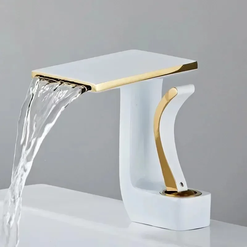 White and Gold Faucet Sink Brass Unique Design Waterfall Basin Mixer Tap Bathroom