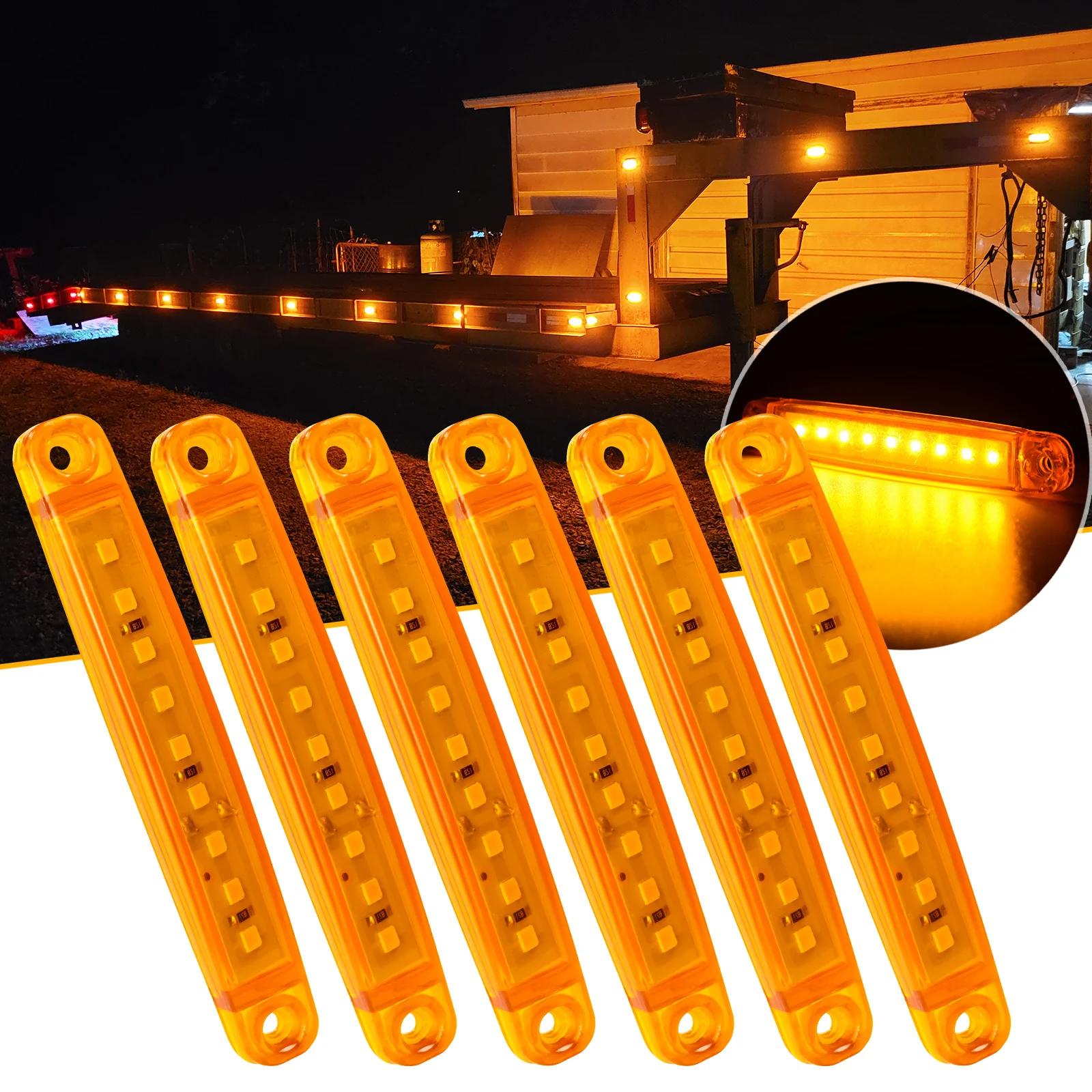 6x Amber Truck Side Marker Light 12V Yellow Signal Lamp Assembly Lighting Trailer Tractor Lorry Cab Bus Warning Clearance Lights