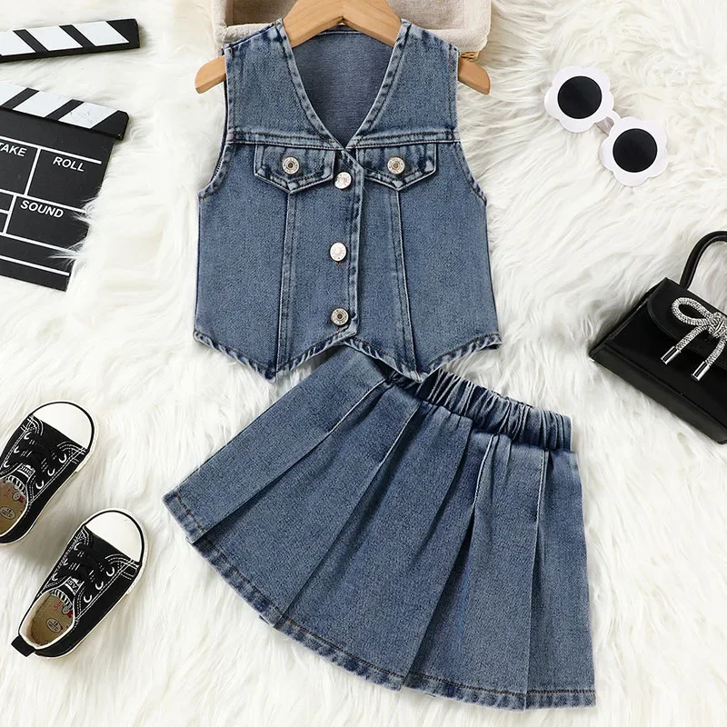

2Piece Sets 2025 Summer Children Clothes Girls Korean Fashion V-neck Sleeveless Blue Baby Tops+Skirt Kids Boutique Clothing B048