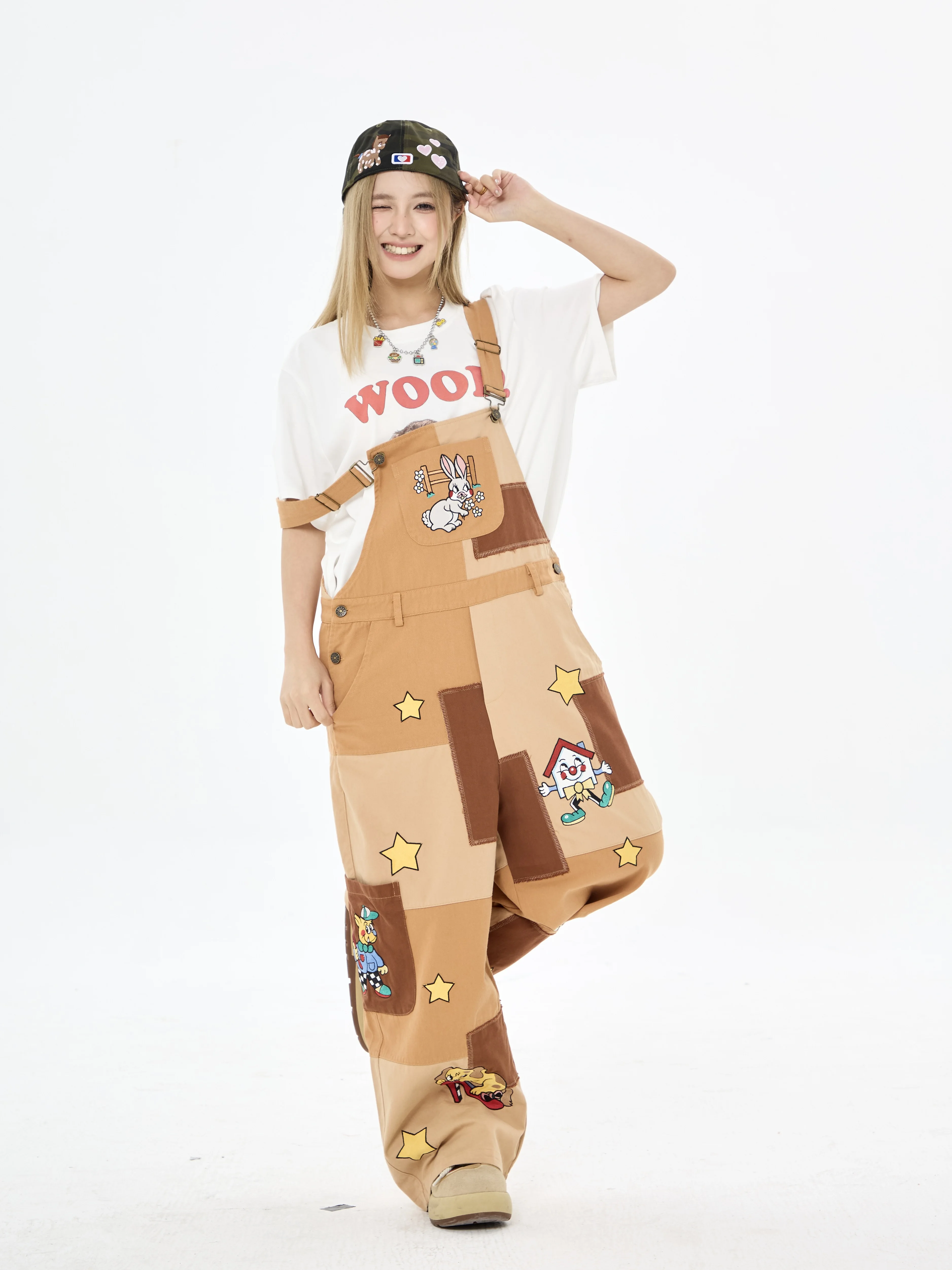 Puffynest Original Illustration Artist Embroidered Heavy Patchwork Cotton Loose Overalls Commute Style High Waist Long Pants