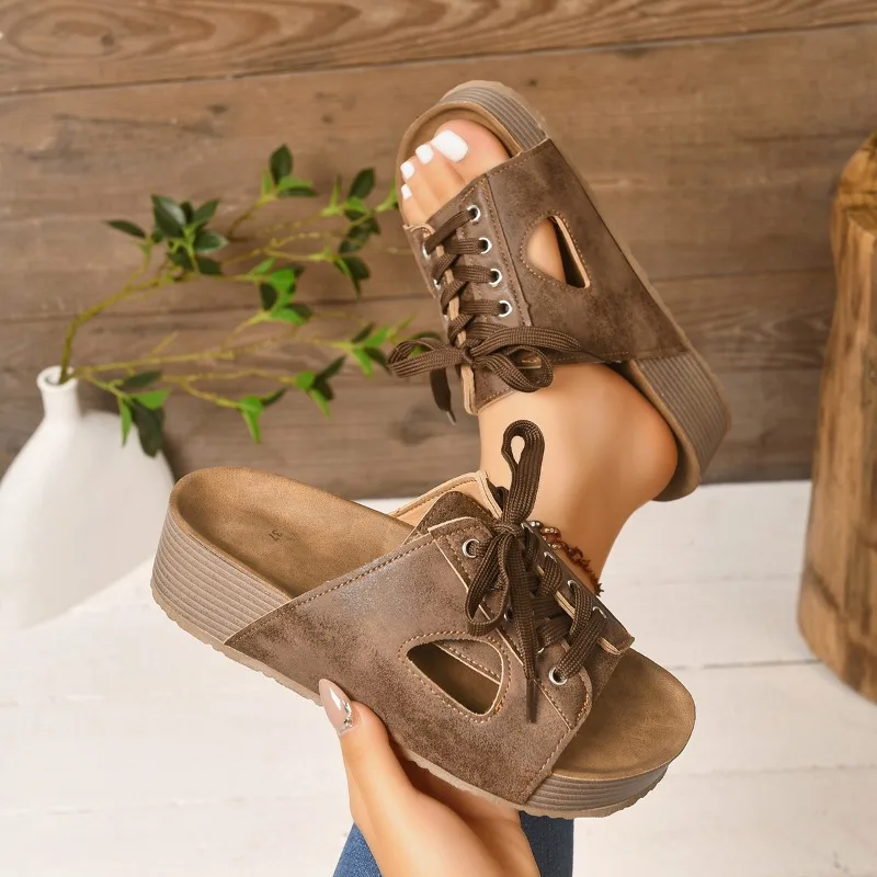 Summer Fashion Platform Women's Sandals 2026 Luxury Round Toe Solid Lace Up Comfortable Casual Women Shoes Босоножки Женские