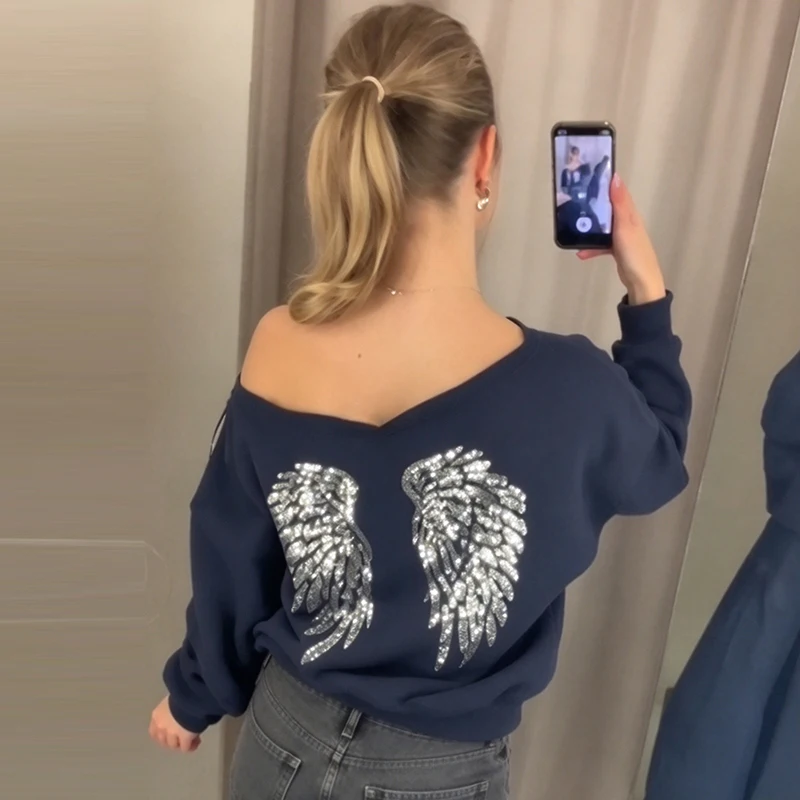 Women Sequin Wings Sweatshirt Off Shoulder Long Sleeve  Loose Fit Cropped Pullover 2026 New Y2K Street Clubwear Ladies Top