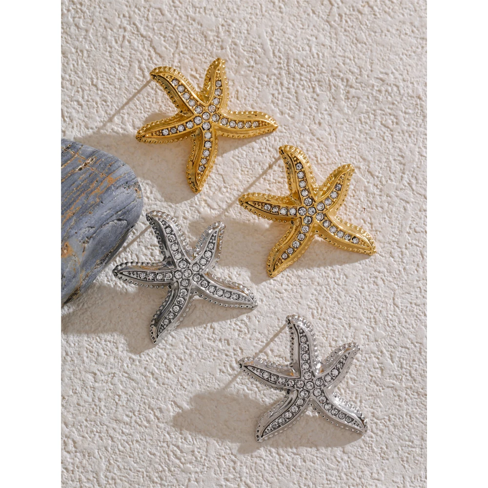 Yhpup Ocean Summer Style Cubic Zirconia Metal Starfish Stud Earrings Stainless Steel Statement Fashion Waterproof Jewelry Gift