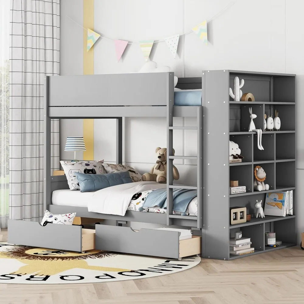 

Twin Size Bunk Bed with Storage Drawers and Multi-Layer Cabinet for Children