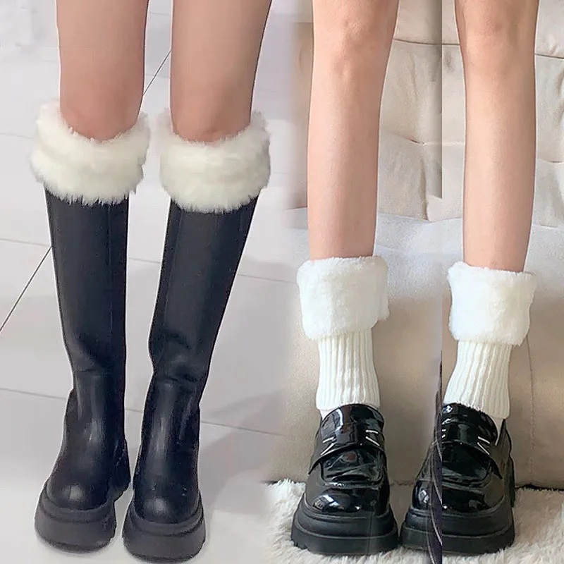 

Knitted Lolita Leg Warmers Autumn Winter Faux Fur Boot Cuffs Y2K Black White Thicken Ankle Warmer Plush Leg Cover Accessories