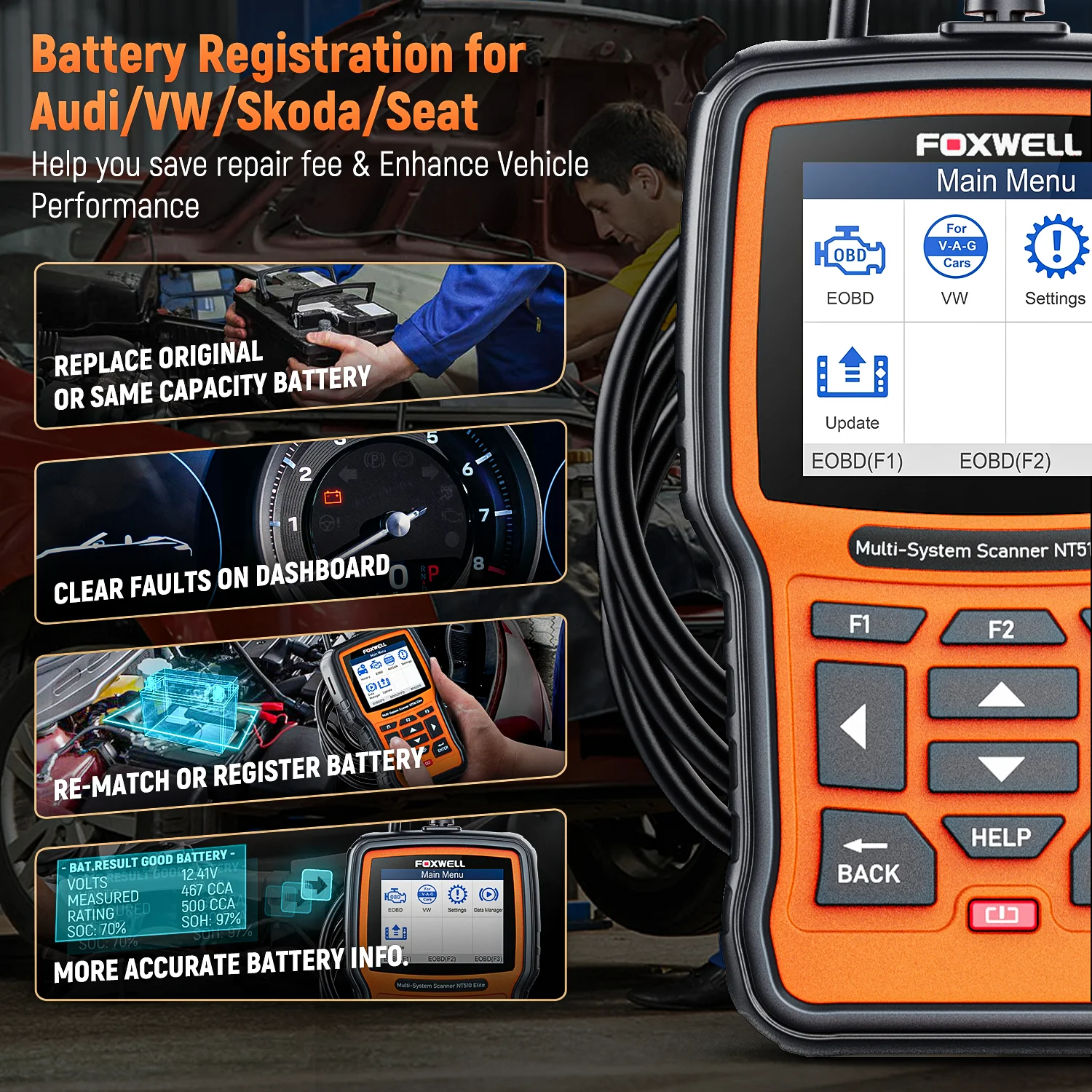 FOXWELL para VAG NT510 Elite escáner OBD2 inalámbrico todo el sistema herramientas de diagnóstico bidireccionales reinicio de aceite EPB SAS para VW Audi Seat