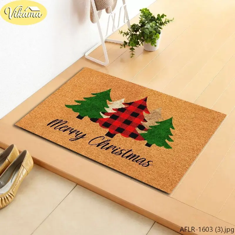 Merry Christmas Rug, Red and Black Buffalo Check Christmas Tree Soft Non Slip Entry Mat, Festive Holiday Home Decor