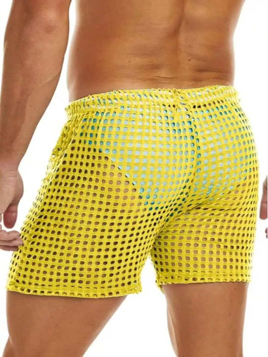 

Mens Yellow Mesh Hollow Out Boxer Shorts Breathable Sheer Fishnet Swimwear