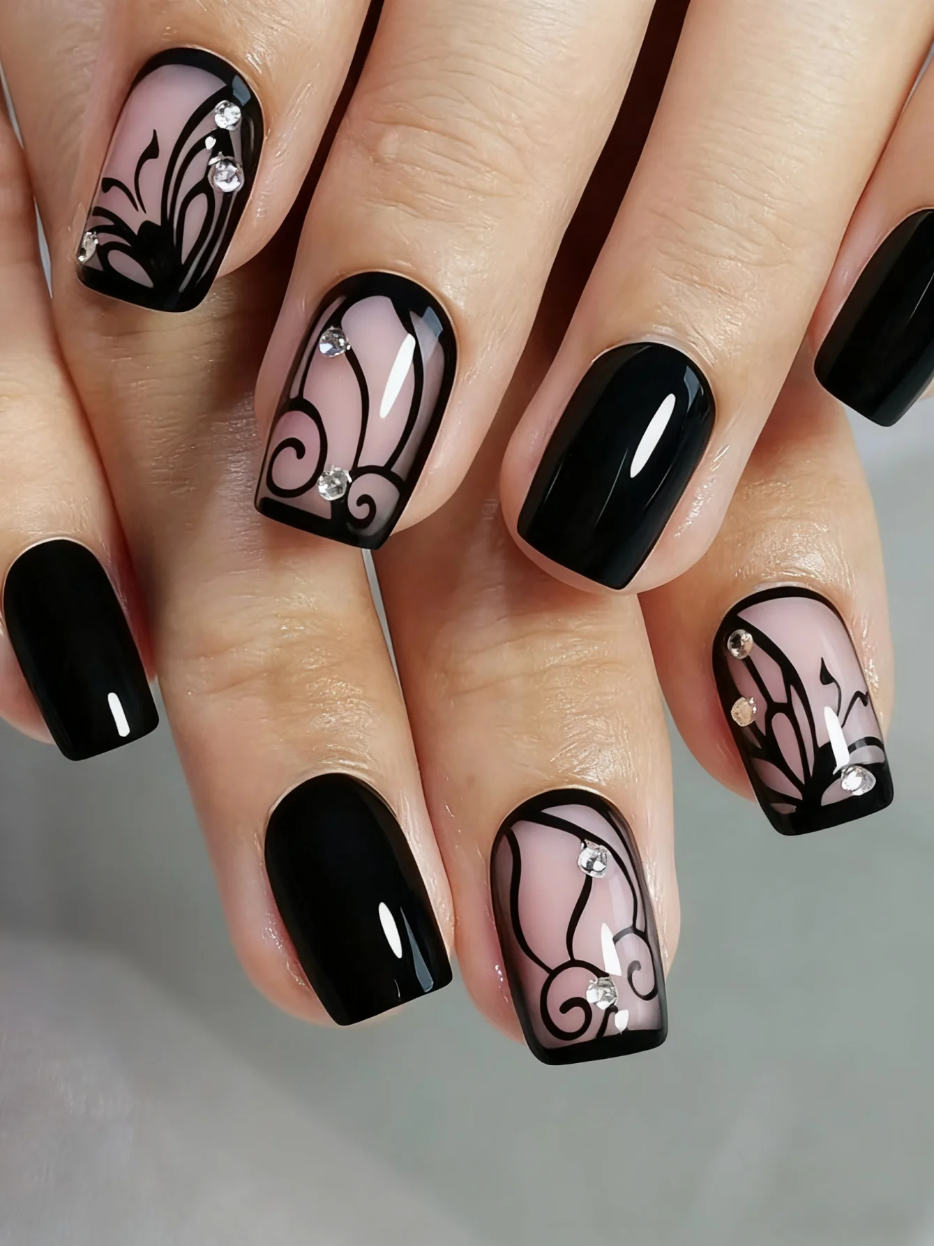 24개입 블러쉬 미디엄 사이즈 꽃 모양 라인스톤 디자인 프렌치 그라데이션 프레스온 네일, 여성 및 소녀용