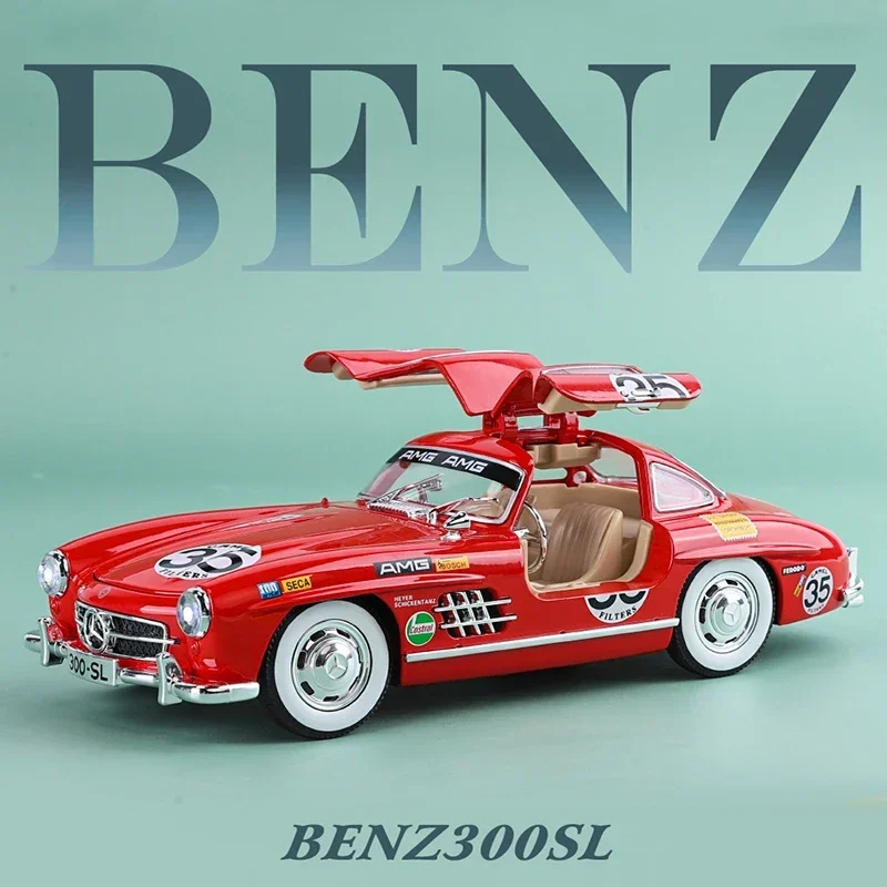 Mercedes-Benz 300SL Modificado Alloy Car Model, 1:24, Som e Luz, Pull Back, Brinquedo Infantil, Collectibles, Presente de Aniversário