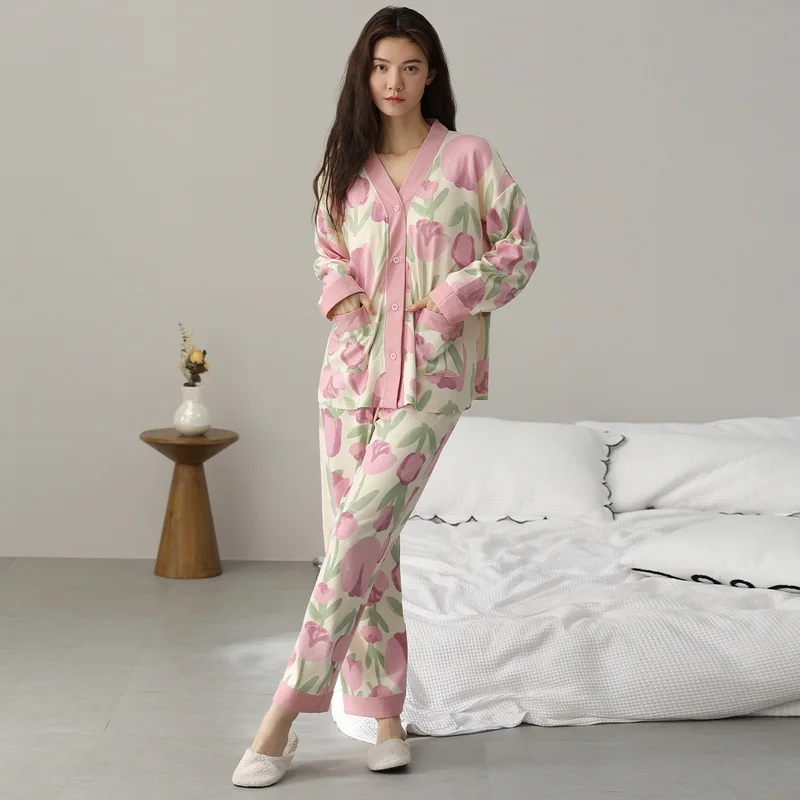 Cute Pajamas Cotton Cozy Women Long Sleeves Long Pants Button with Bra Padded Autumn Winter Nightshirts Kawaii Ladies Sleepwear