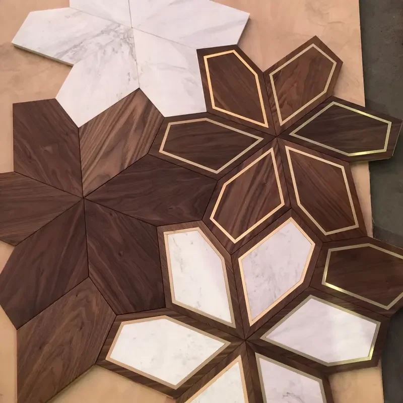 Design Wooden Walnut Marble Brass Inlay Wooden Parquet Floors