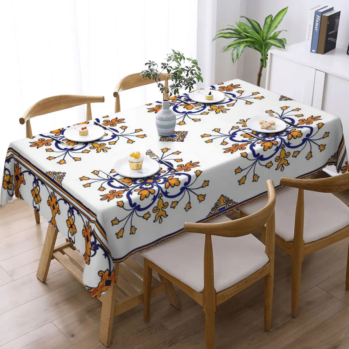 Traditional Portuguese Azulejo Blue Orange Floral Tile Pattern Rectangular Tablecloth Table Cover for Dining Events Table Cloth