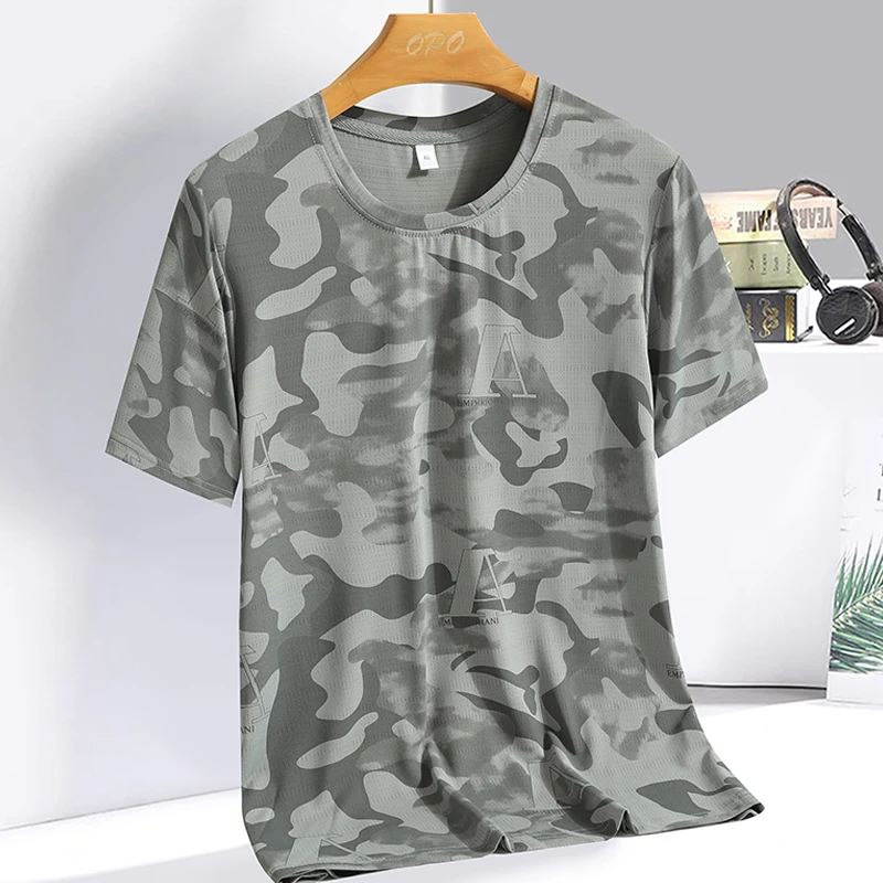 2023 Summer New Ice Silk T-shirt Camo Personalized European, American, British Wind Speed Dry Short Sleeve T-shirt