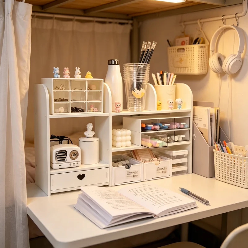 Organisateur de bureau à 2 niveaux - Boîte de rangement pour fournitures scolaires, bureau et table d'étude en PP double couche